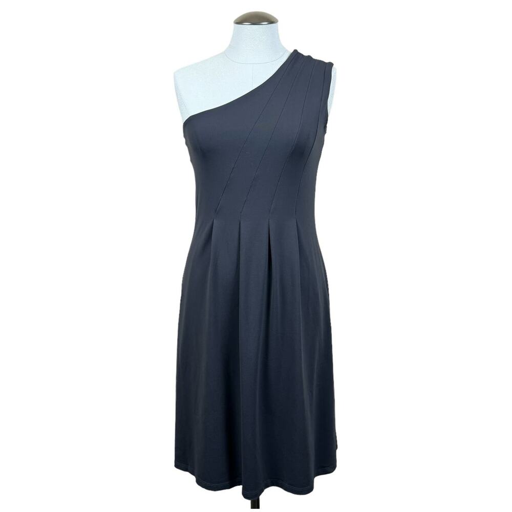 Susana Monaco Women's One Shoulder Dress Charcoal Gray Pleated Midi Size Medium